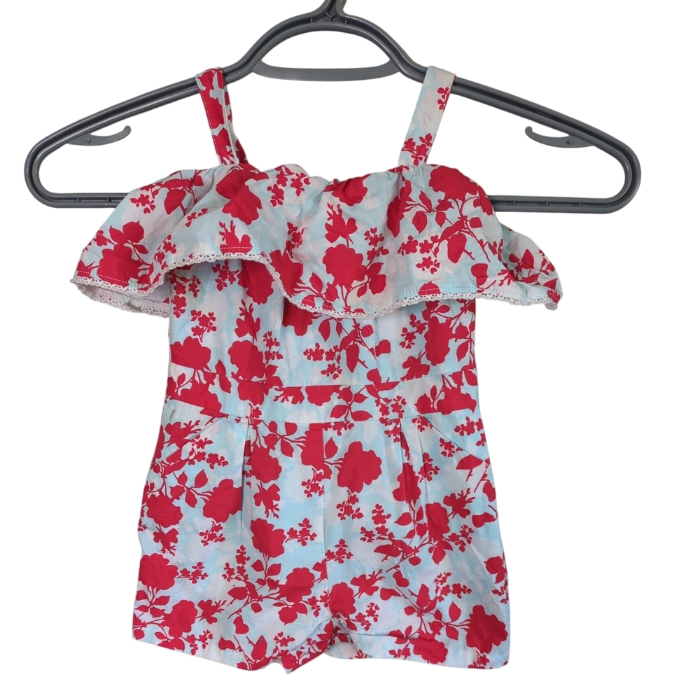 Janie and Jack Red, Light Blue Floral Print Off-Shoulder Romper Size 12-18m